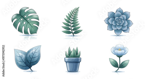Collection of exquisite blue-green botanical illustrations featuring various plants like monstera, fern, succulent, and a delicate flower in pots