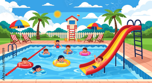 Illustration of children swimming and playing on a waterslide at a sunny outdoor pool with palm trees and colorful umbrellas.