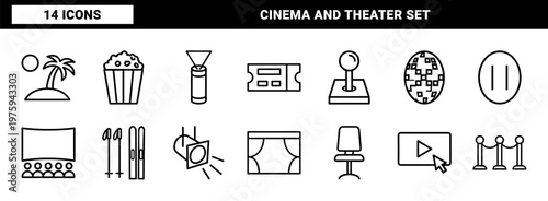 Minimalist entertainment line icons for cinema, theater, and gaming media.