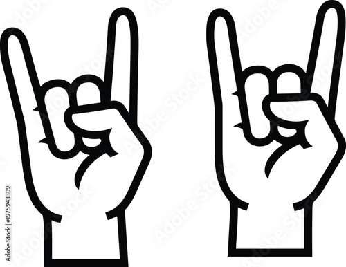 Black and white rock on hand gesture line art icon set featuring horns sign for music festivals concerts and rock and roll culture vector.