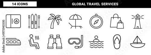 Travel and resort linear icons for vacation planning and tourism services.