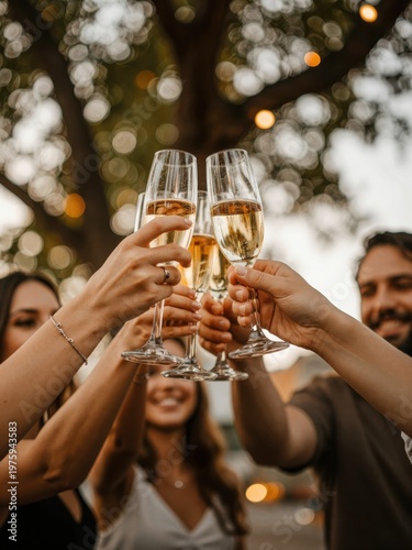 Group of Friends Raising Champagne Glasses in a Toast at an Outdoor Evening Party with Bokeh Lights and Blurred Tree Background