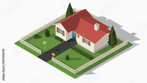 Modern suburban house with red roof, driveway, greenery, and white fence, flat vector illustration ideal for real estate, neighborhood, and family home concept visuals.