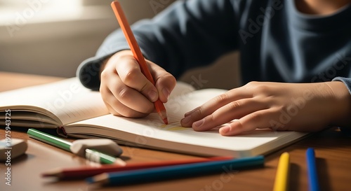 Child's Hands Drawing or Writing in Notebook with Colored Pencil on Wooden Desk