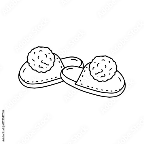 Hand drawn black and white doodle cozy slippers icon. Line art home shoes with pom poms drawing