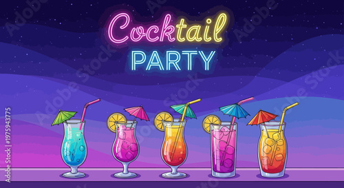 Neon-lit illustration of colorful cocktails with umbrellas on a bar against a vibrant purple and blue night sky background.