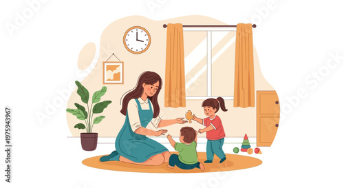 A mother playing with her two children on a colorful rug in a cozy living room with warm lighting.