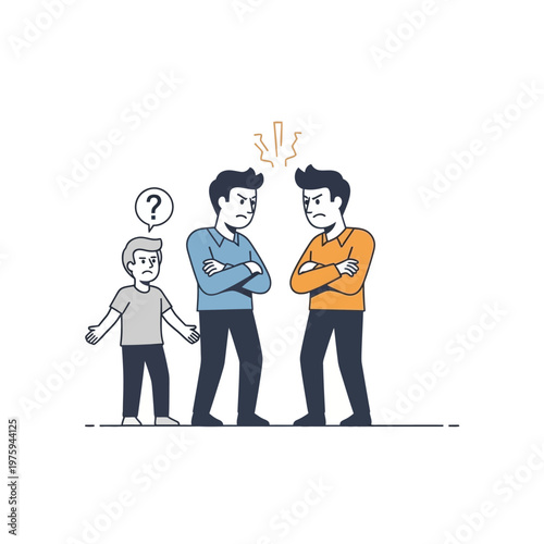 Angry men arguing, confused child watches, conflict resolution concept