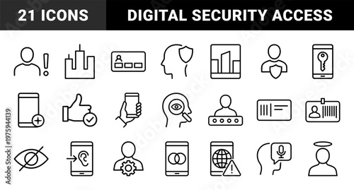 Digital identity and security verification outline icon set