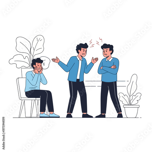 Angry men arguing, one distressed, conflict, disagreement, tension, illustration