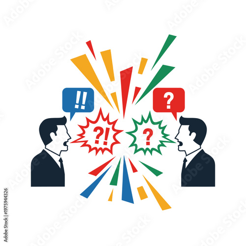 Businessmen arguing with speech bubbles and question marks, explosion of colors