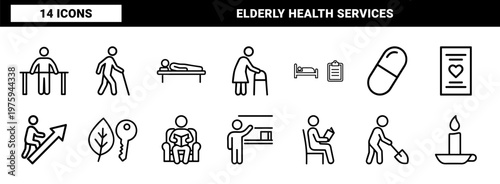Senior care and healthcare line icon set for nursing home and medical services.