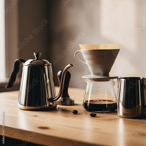 Elegant pour-over coffee brewing setup with gooseneck kettle, ceramic dripper, and fresh beans on warm wooden table for a perfect morning ritual