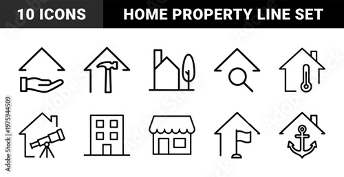 Minimalist house and real estate outline icons for property and mortgage services.