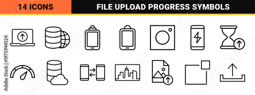 Minimalist cloud data transfer and file upload outline icon set