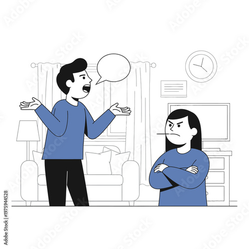 Couple arguing at home, man talking with open hands, woman looking angry