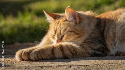 Golden Slumber: A ginger cat blissfully sleeps outdoors, basking in warm sunlight and radiating tranquility.