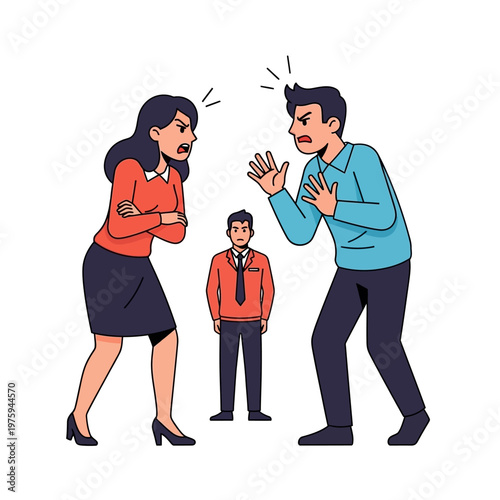 Couple arguing intensely with a mediator between them, conflict resolution concept