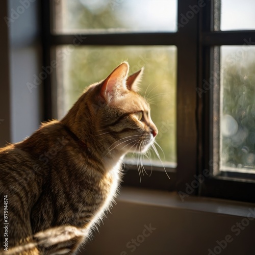 Serene Cat Contemplation: A domestic cat, bathed in sunlight, gazes pensively through a window, its silhouette a picture of tranquility and contemplation.