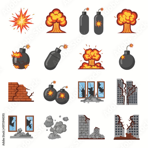 Explosion Icons: Bombs, Blasts, and Destruction Elements Collection