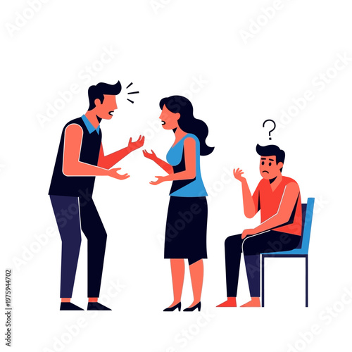 Couple arguing, frustrated man sitting with question mark, vector illustration