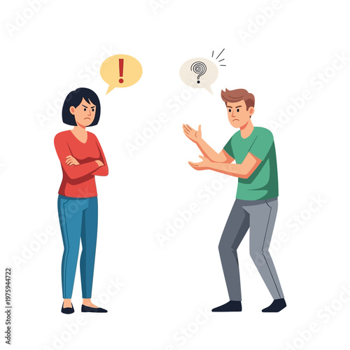 Couple arguing, man gesturing confusion, woman annoyed, communication problems, relationship conflict