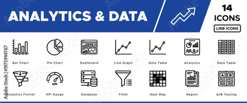 Analytics and Data Line Icons, 14 Vector Icons for Business Intelligence and Reporting, Data Visualization Elements for Marketing and Finance
