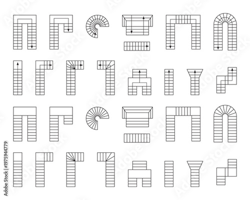 Set of stairs icons for floorplan. Staircase symbols for interior design project. Collection of stairway elements for architecture draft isolated on white background. Vector graphic illustration
