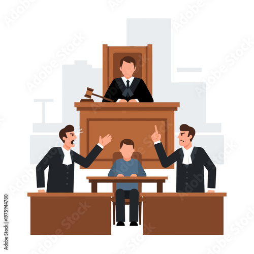 Courtroom drama: Lawyers argue before judge, defendant sits in isolation.