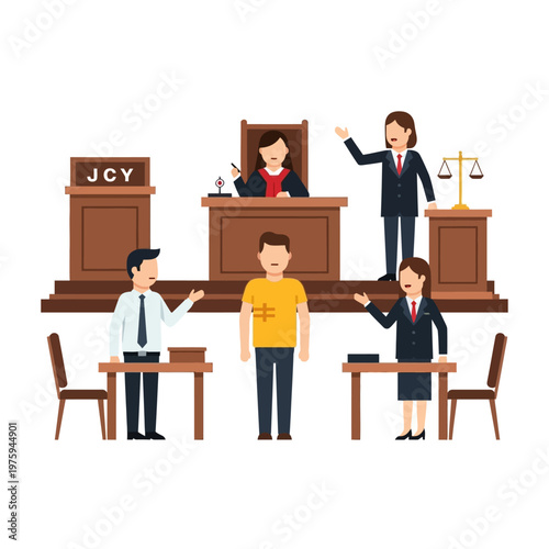 Courtroom Scene: Judge, Lawyers, Defendant, and Scales of Justice