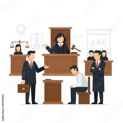 Courtroom Scene: Judge, Lawyers, Defendant, Justice Scales, Legal Trial Illustration