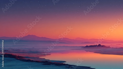 Vibrant Sunset Over a Serene Coastal Landscape with Reflective Waters.