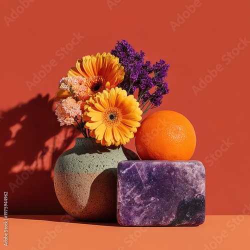 Vibrant Still Life with Flowers, Orange, and Amethyst on Orange Background.
