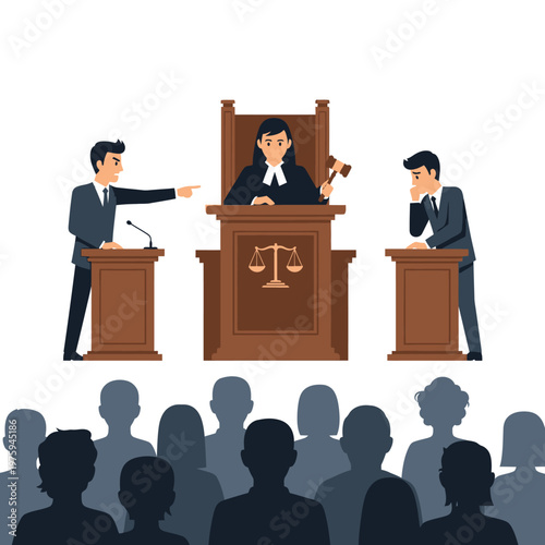 Courtroom scene with judge, lawyers, and jury, legal justice concept