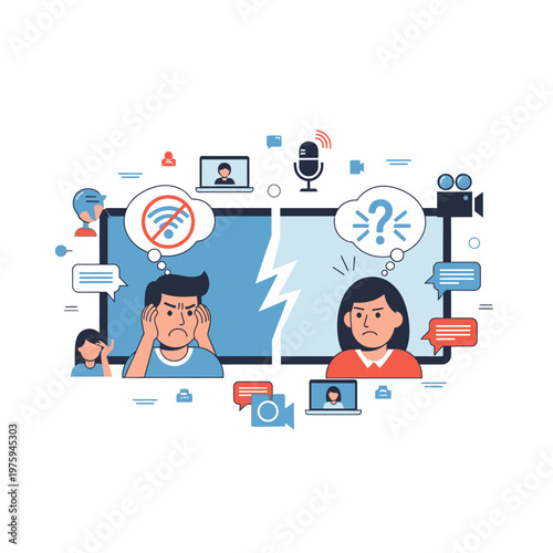 Digital conflict: Couple arguing online due to poor internet connection and communication breakdown.