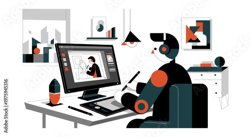 Graphic designer in modern office with colorful minimalist decor in bright lighting for business branding