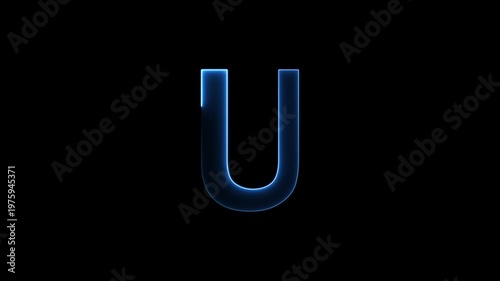 Glowing neon letter 'U' symbol, a shiny light font illustration on a black background English alphabet education type word writing letter text effect smooth footage sign symbol with black background