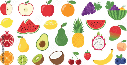 Flat Style Colorful Fruit Collection Set Including Apple Orange Watermelon Pineapple Avocado Cherry Banana and Exotic Fruits for Healthy Food Design Illustration.