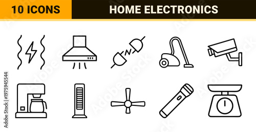 Minimalist home appliance and electronic gadgets outline icon set