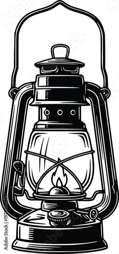 Vintage Oil Lantern Hand Drawn Engraving Style Vector Illustration