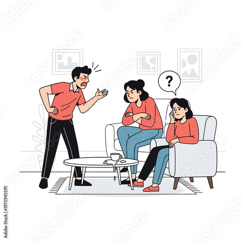 Family conflict: man arguing with women, emotional stress, domestic dispute, relationship problems