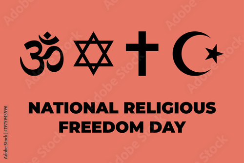 National Religious Freedom Day vector illustration with Hindu, Jewish, Christian and Muslim religious symbols. 