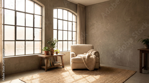 Cozy interior scene with large windows and comfortable armchair sunlight and shadows