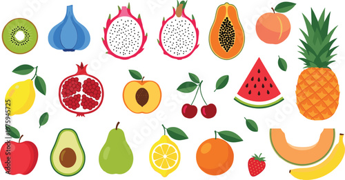 Colorful Tropical Fruits Vector Illustration Set Featuring Pineapple, Watermelon, Papaya, Dragon Fruit, Avocado, Banana and Fresh Organic Food Collection Design.