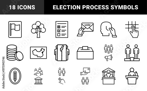 Black line icons for voting and elections process