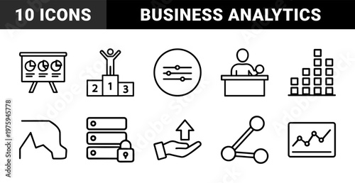 Minimalist business analytics and data tracking line icon set