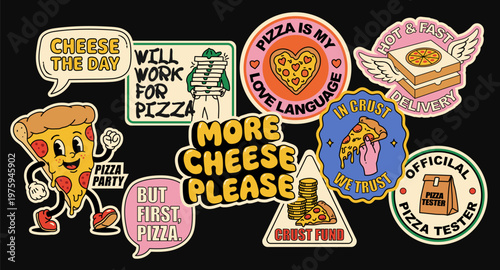 Playful pizza-themed sticker set perfect for pizza lovers and pizzerias, featuring fun phrases and vibrant graphics. Ideal for decorating or promoting all things pizza