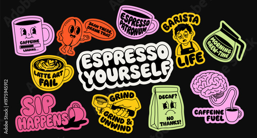 Charming coffee-themed sticker set designed for coffee lovers and coffee shops. Featuring fun phrases and vibrant illustrations, perfect for adding personality to any coffee-related project