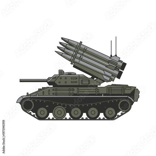 Self-propelled rocket launcher tank, military vehicle, war machine, artillery weapon