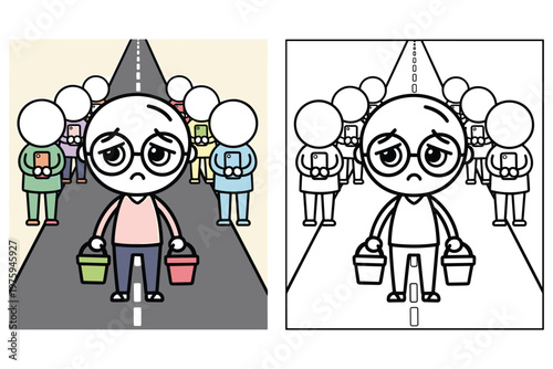 Cartoon people standing on road with empty buckets and mobile phones, color and coloring page.